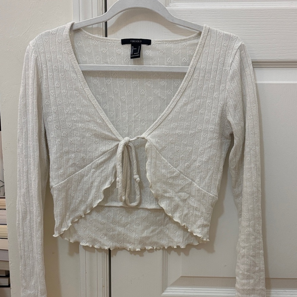 Forever 21 Cream Textured Tie-Front Crop Top